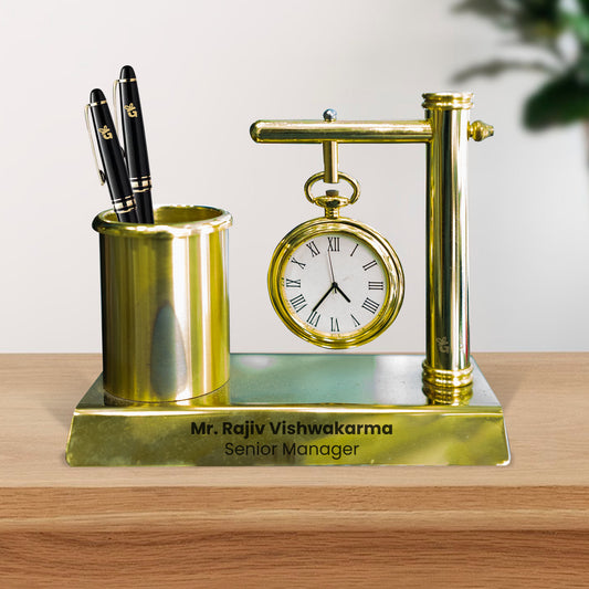 Hanging Watch and Metal Pen Stand Vintage Gold-Colored