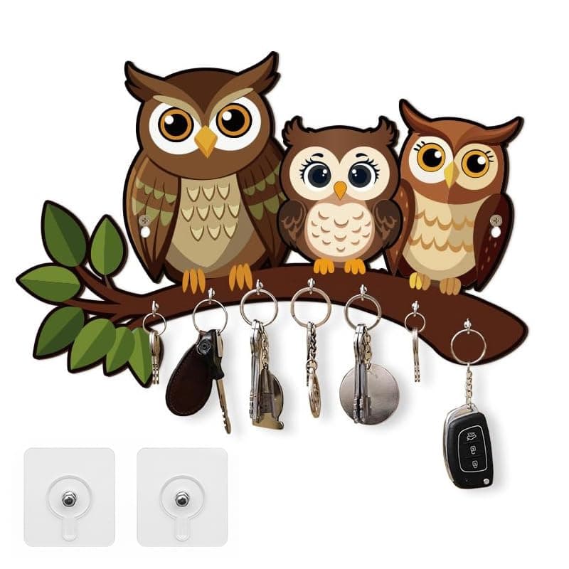 Owl Family Wooden Key Holder – No Drilling, Stylish Wall Decor & Organizer