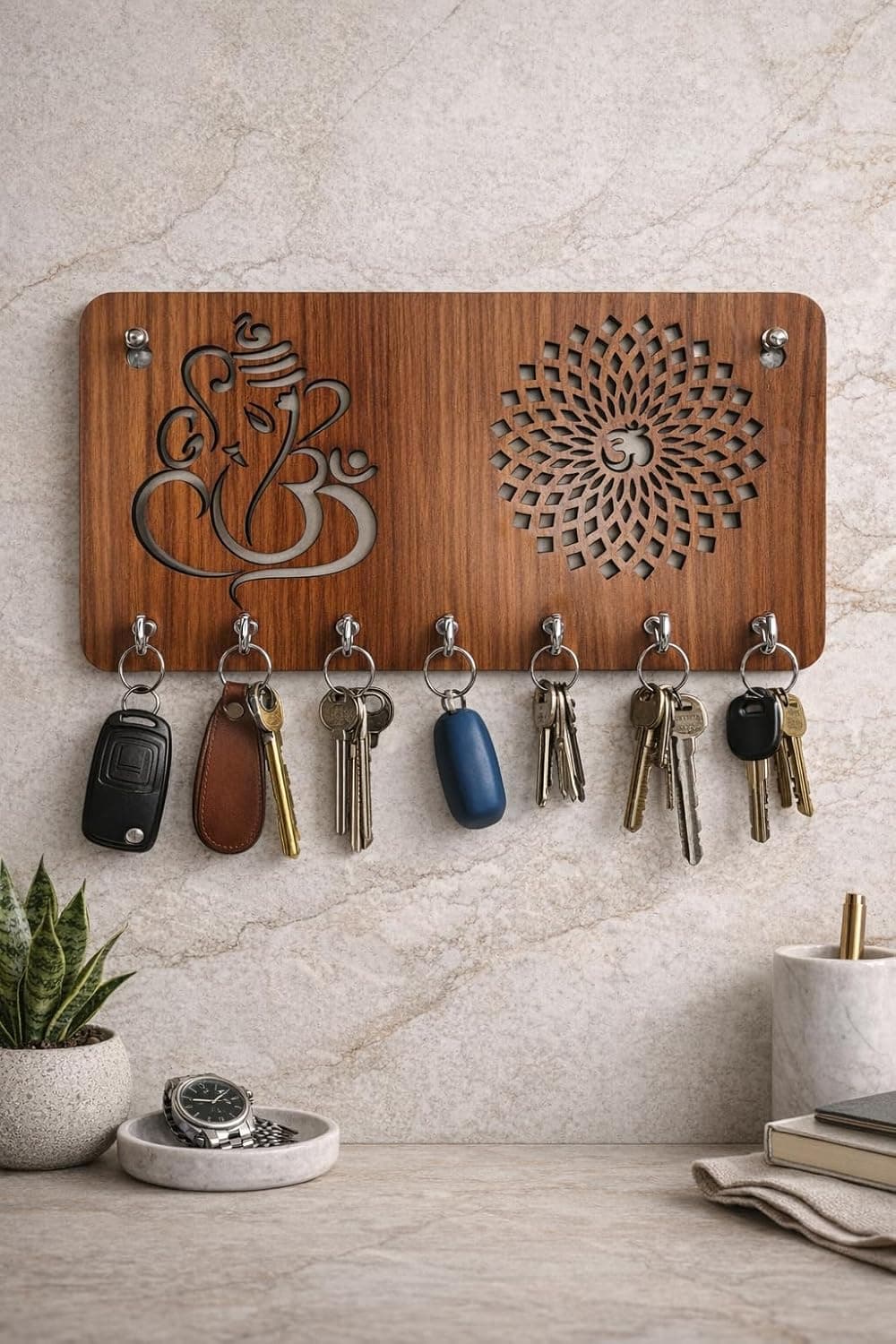 Wooden Key Holder for Wall with 7 Hooks | MDF Decorative Ganesha & Om Design